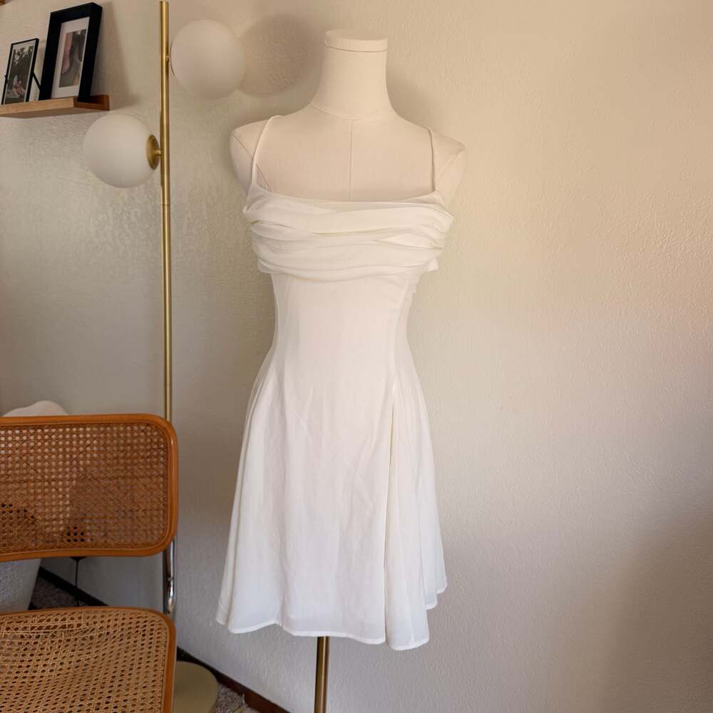 Lucy In The Sky White Draped Cowl Neck Mini Dress with Tie Back L